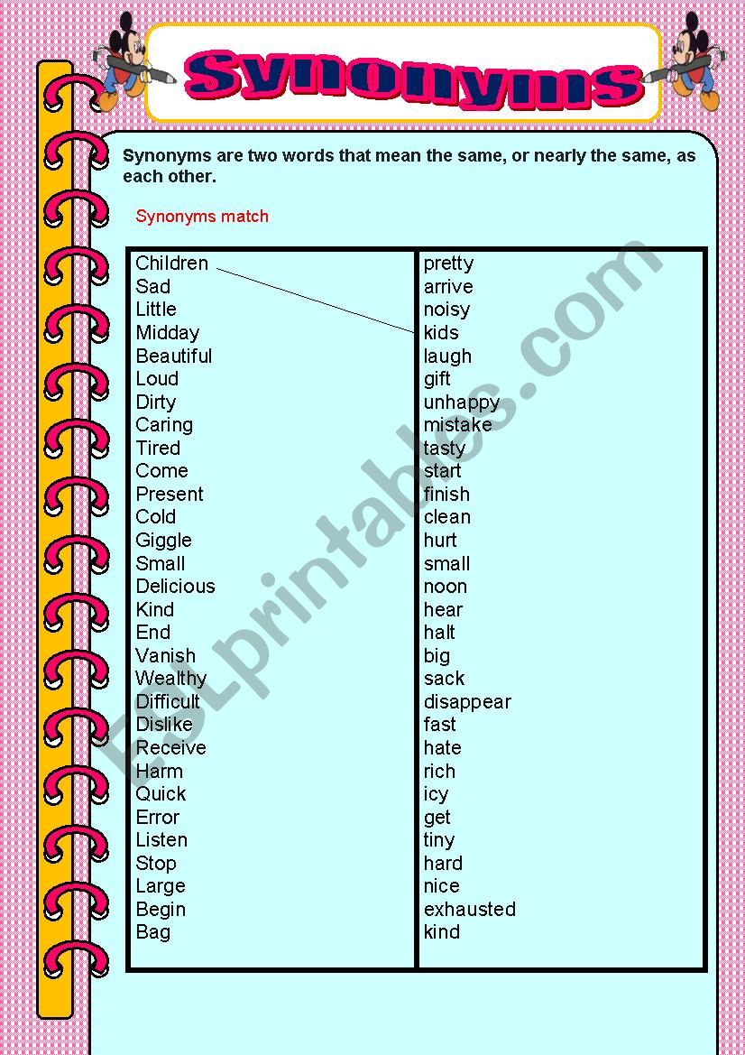 Synonym match worksheet