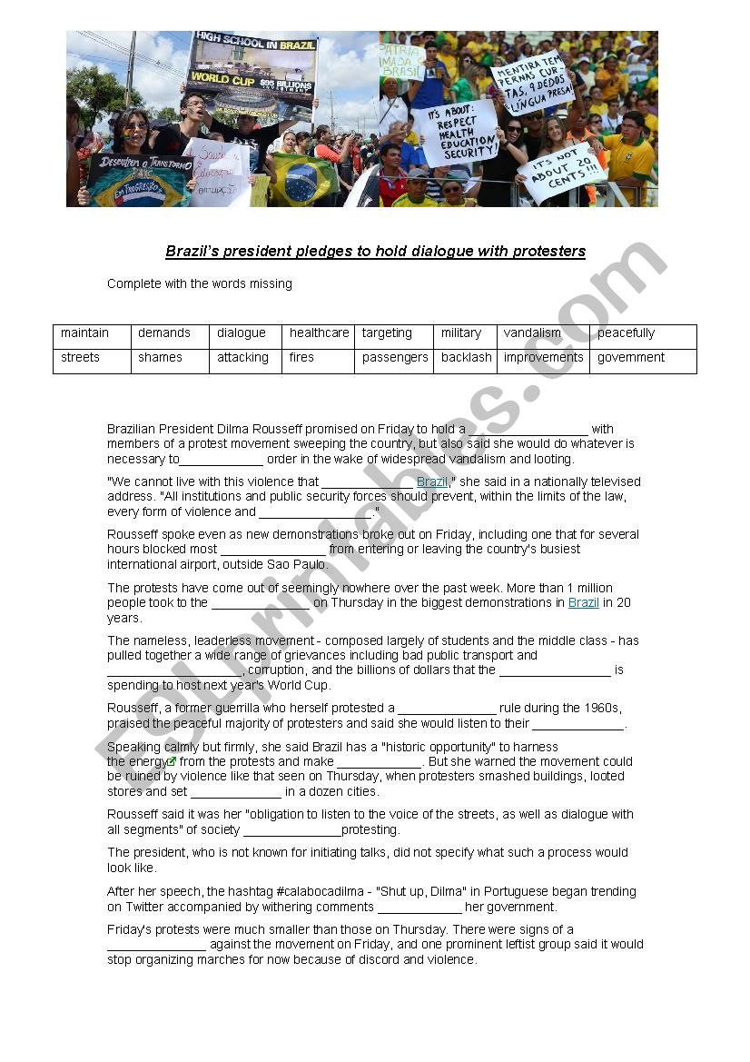 Protests in Brazil worksheet