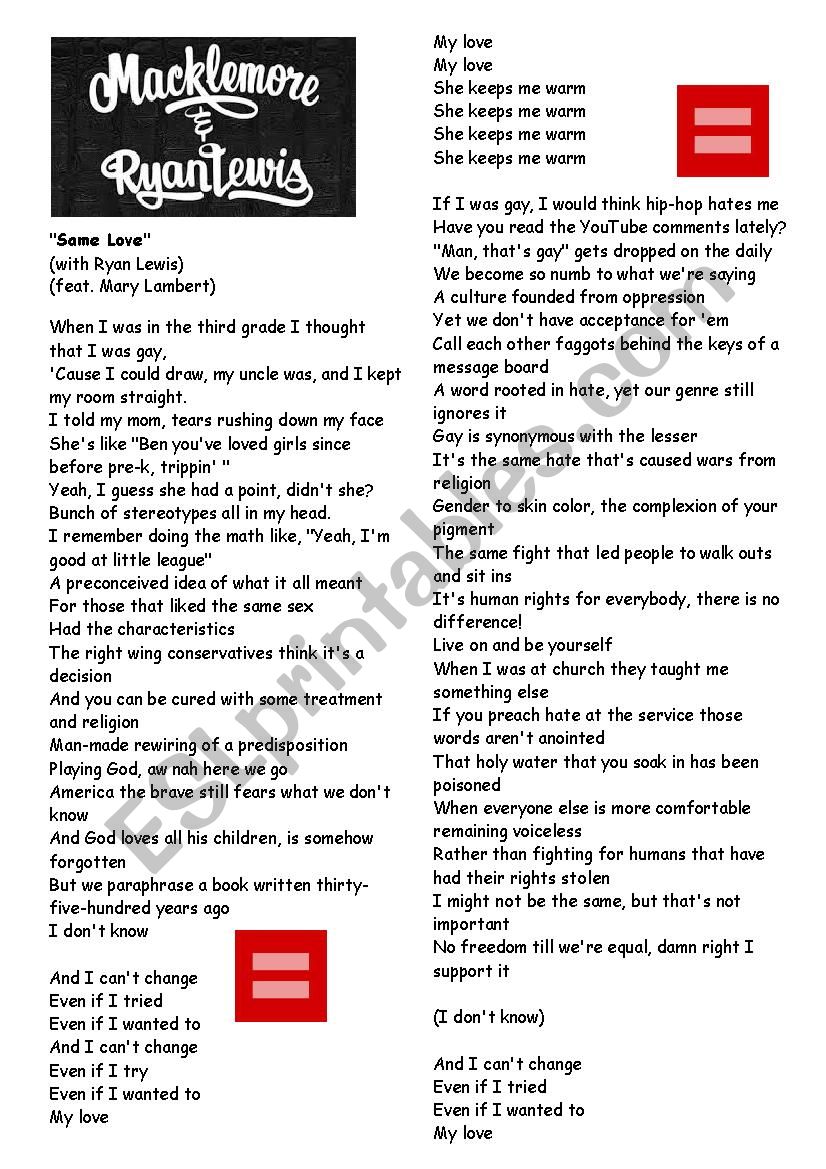 Worksheet song Same love by Macklemore/Human rights