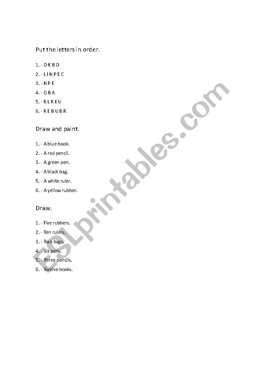 Classroom things, colours and numbers from 1 to 12
