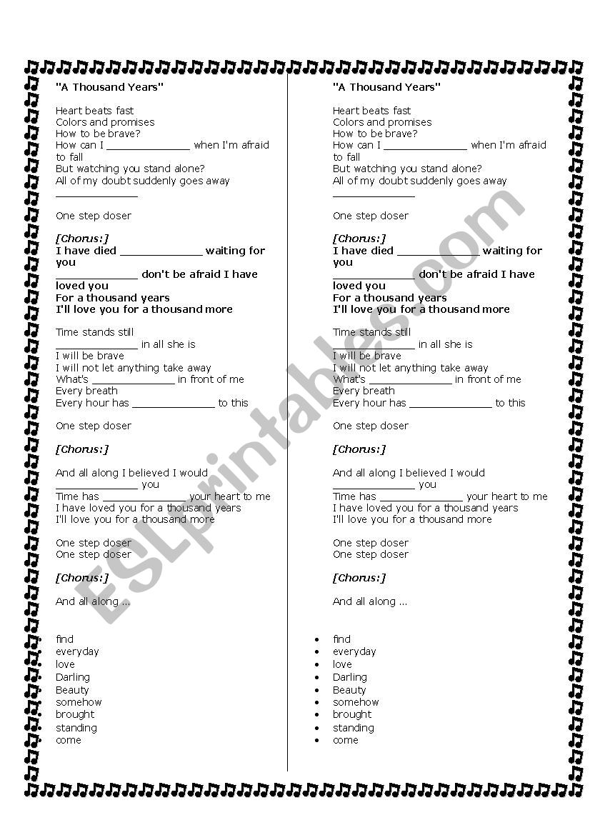 A thousand years worksheet