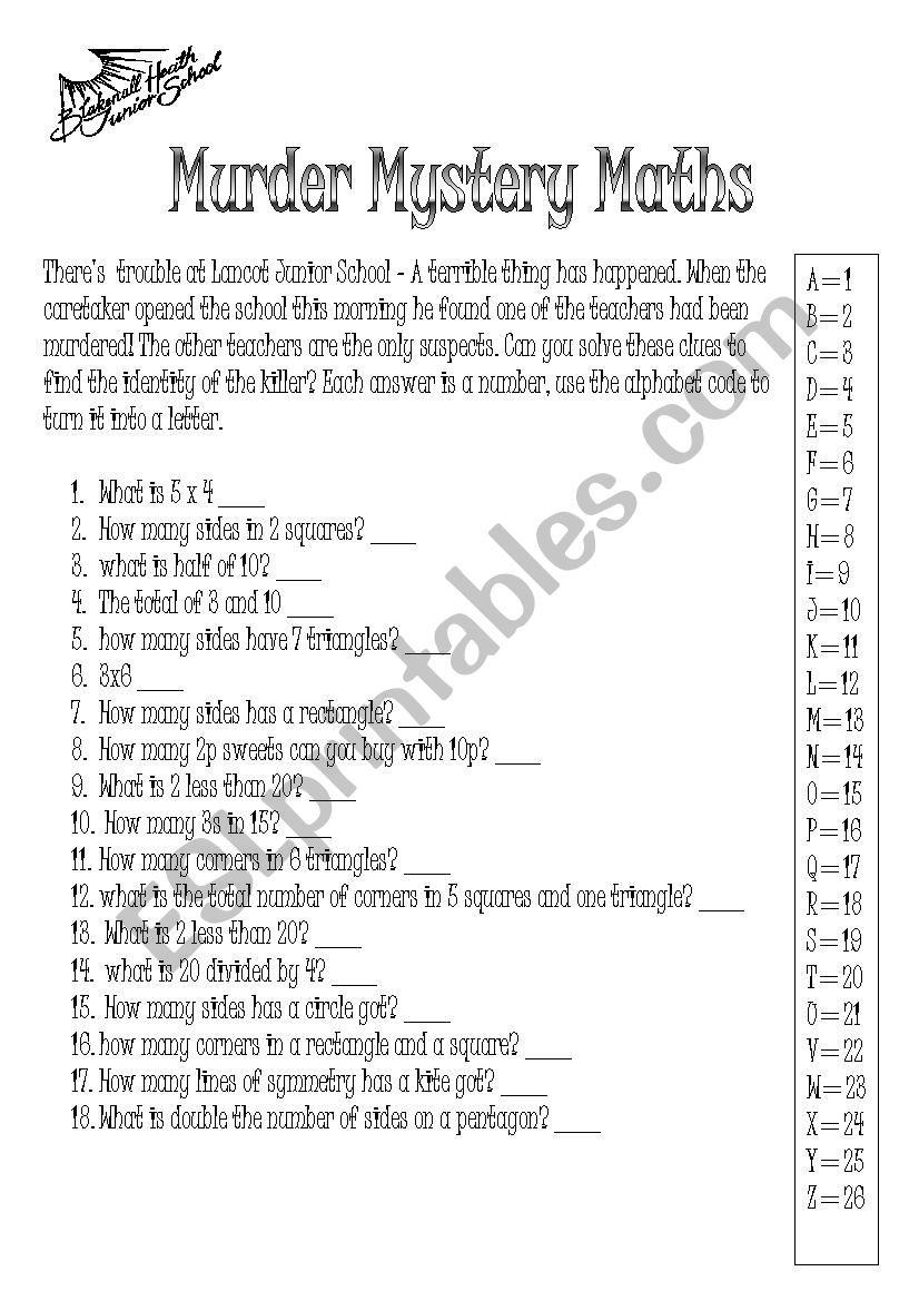 Murder Mystery Maths worksheet