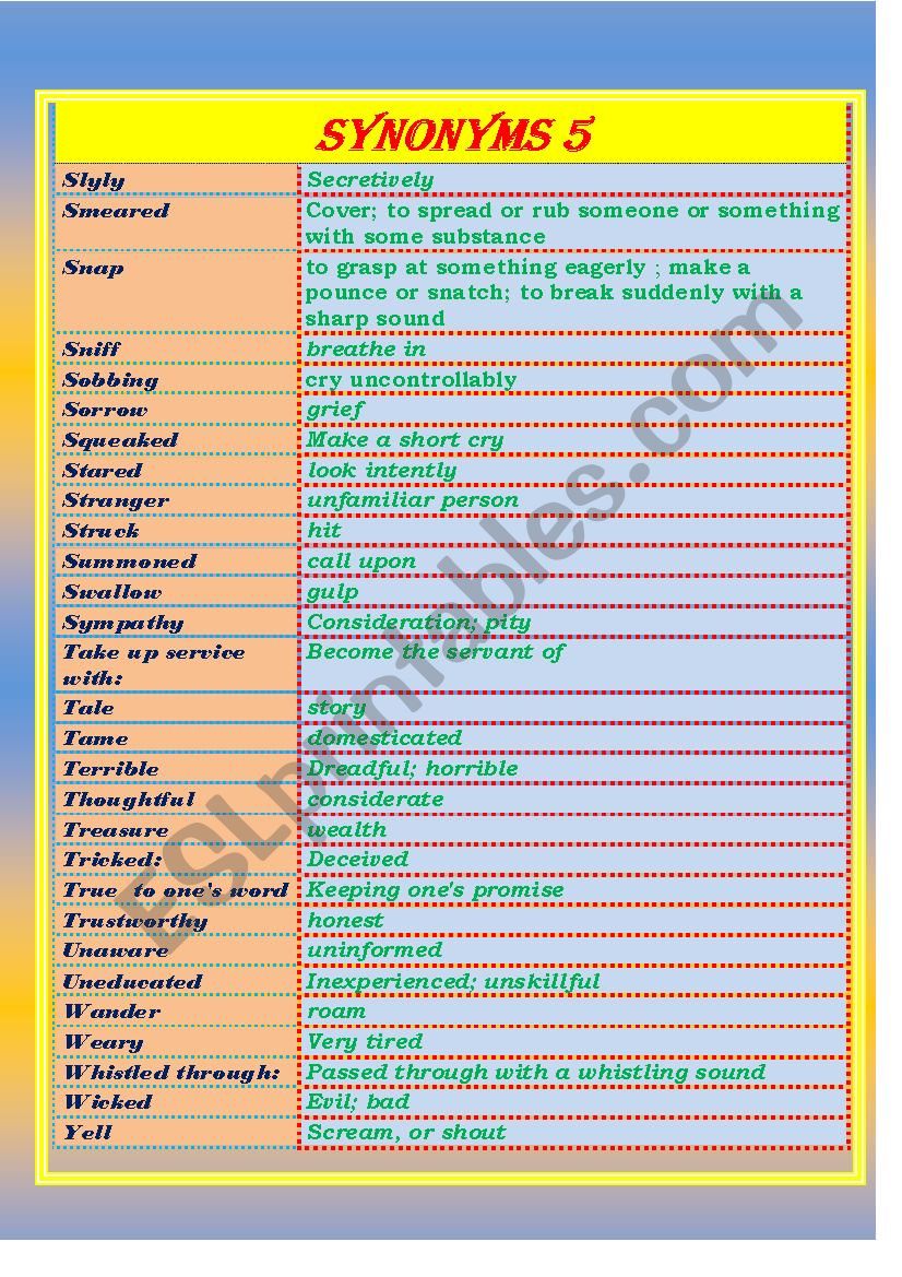 SYNONYMS LIST ( 5 /   5 ) worksheet