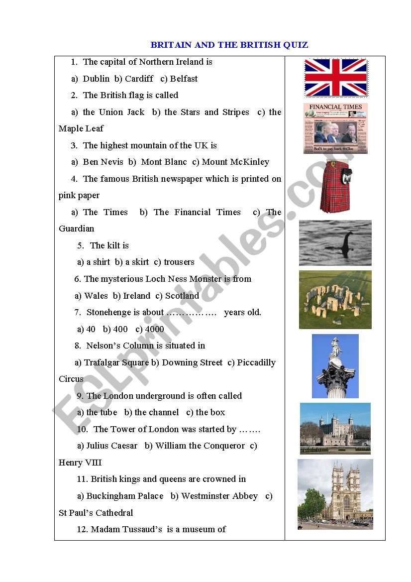 BRITAIN AND THE BRITISH Quiz + Key