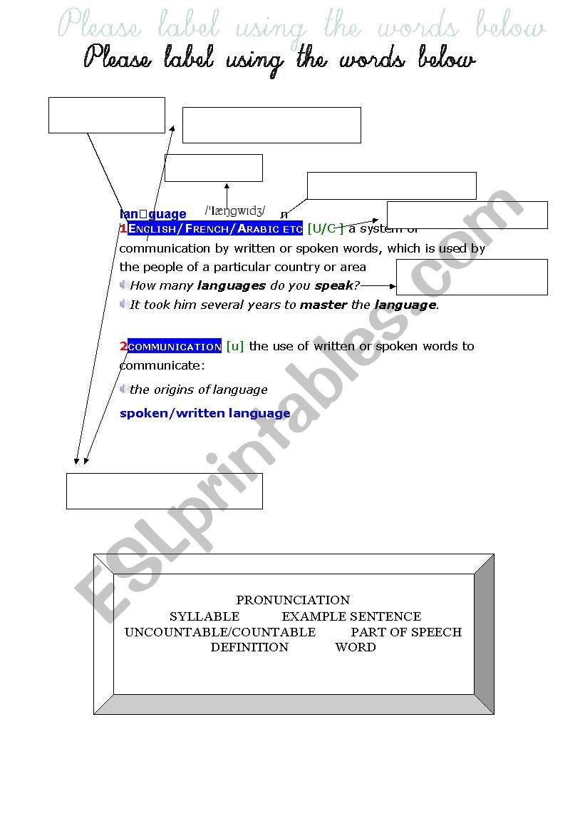 dictionary skills, labelling worksheet