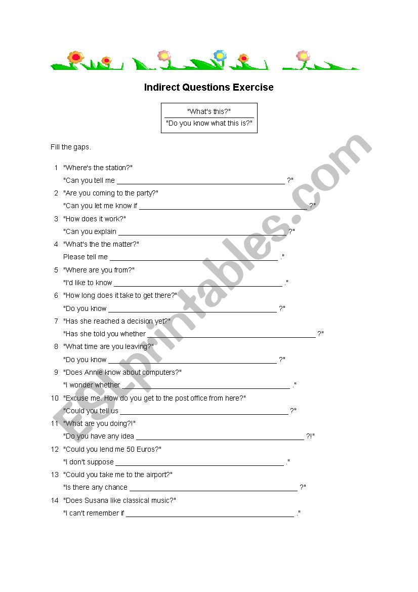 Indirect Question Exercise worksheet