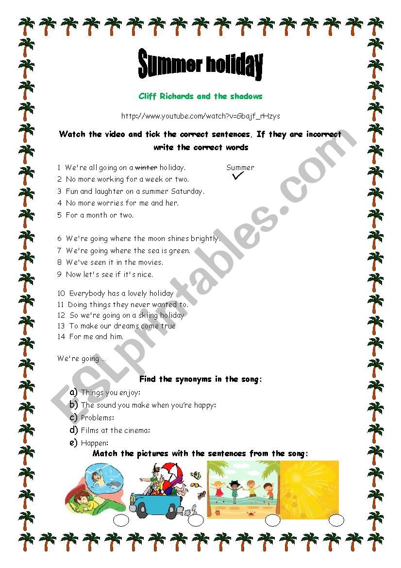 Summer holiday by Cliff Richard and The Shadows- Song worksheet