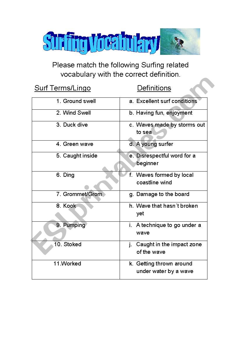 Surfing Vocabulary Definition Matching