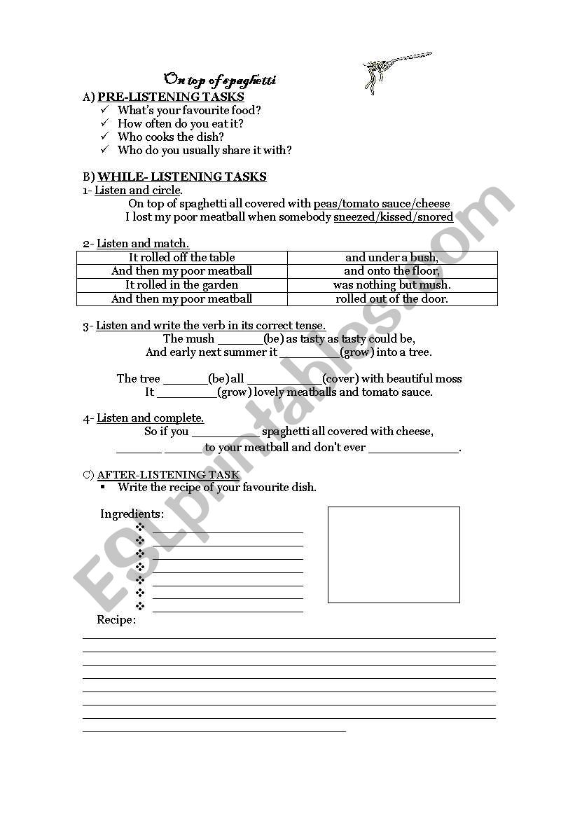 Song: On Top of Spaghetti worksheet