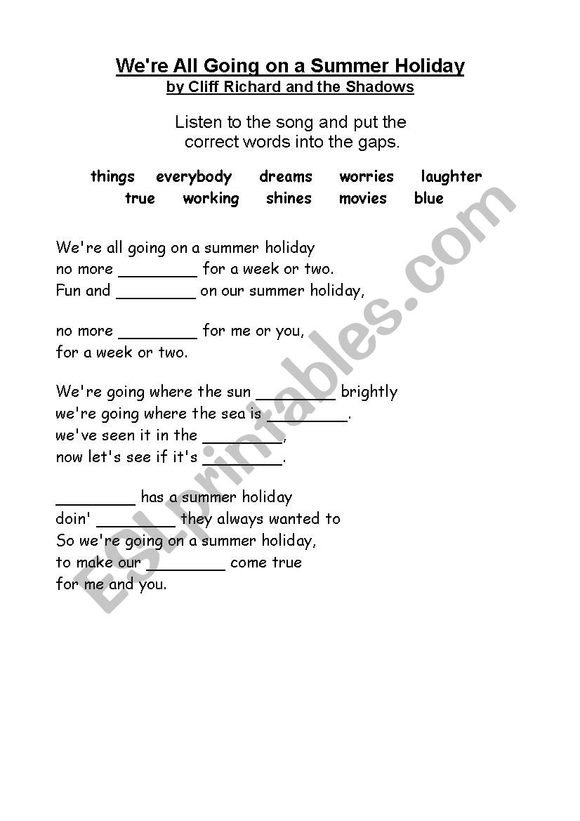 Summer Holiday ESL Song worksheet