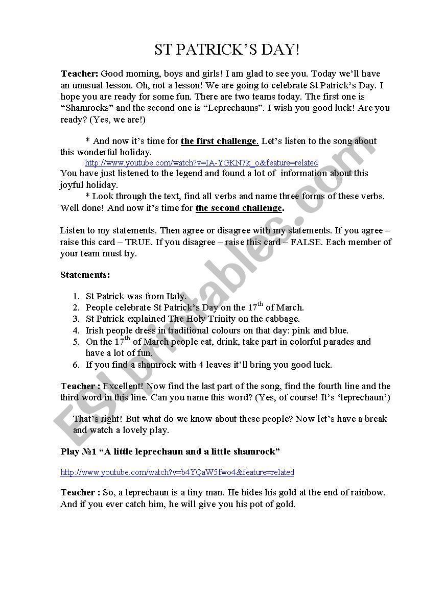 St.Patricks Day lesson plan worksheet