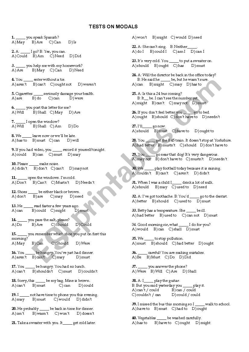 Tests on modals worksheet