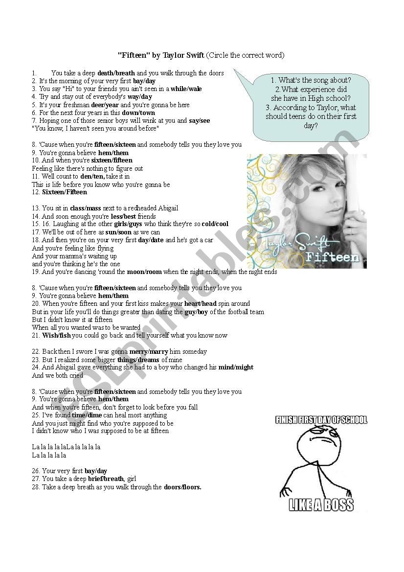 Fifteen Taylor Swift worksheet