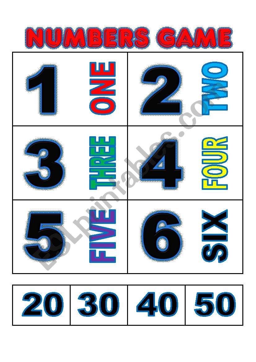 Numbers game flashcards worksheet