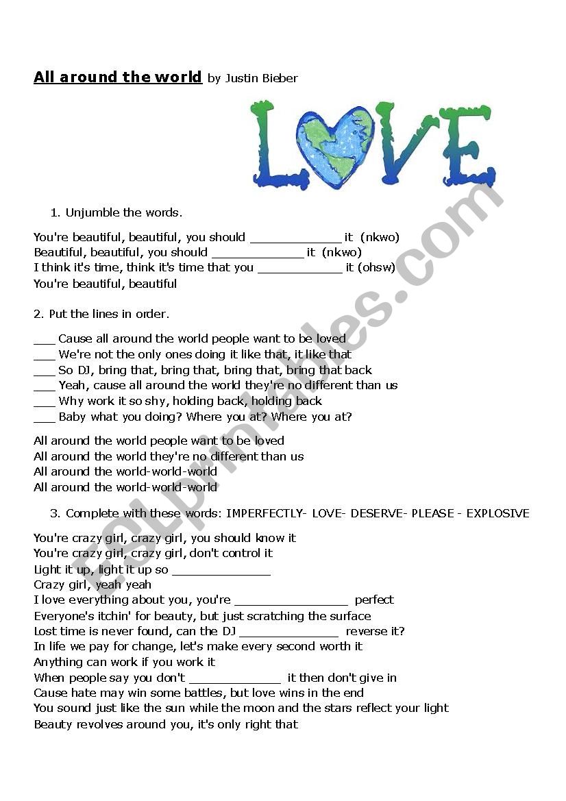 Song: All around the world worksheet