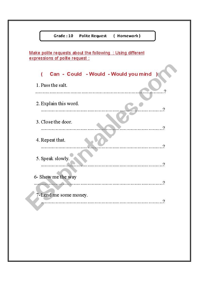 polite request worksheet  worksheet