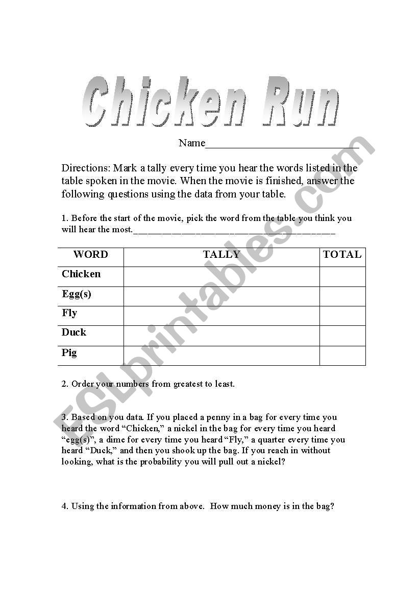 Chicken Run Movie Activity worksheet