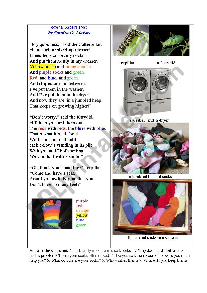 Socks Sorting (a poem) worksheet