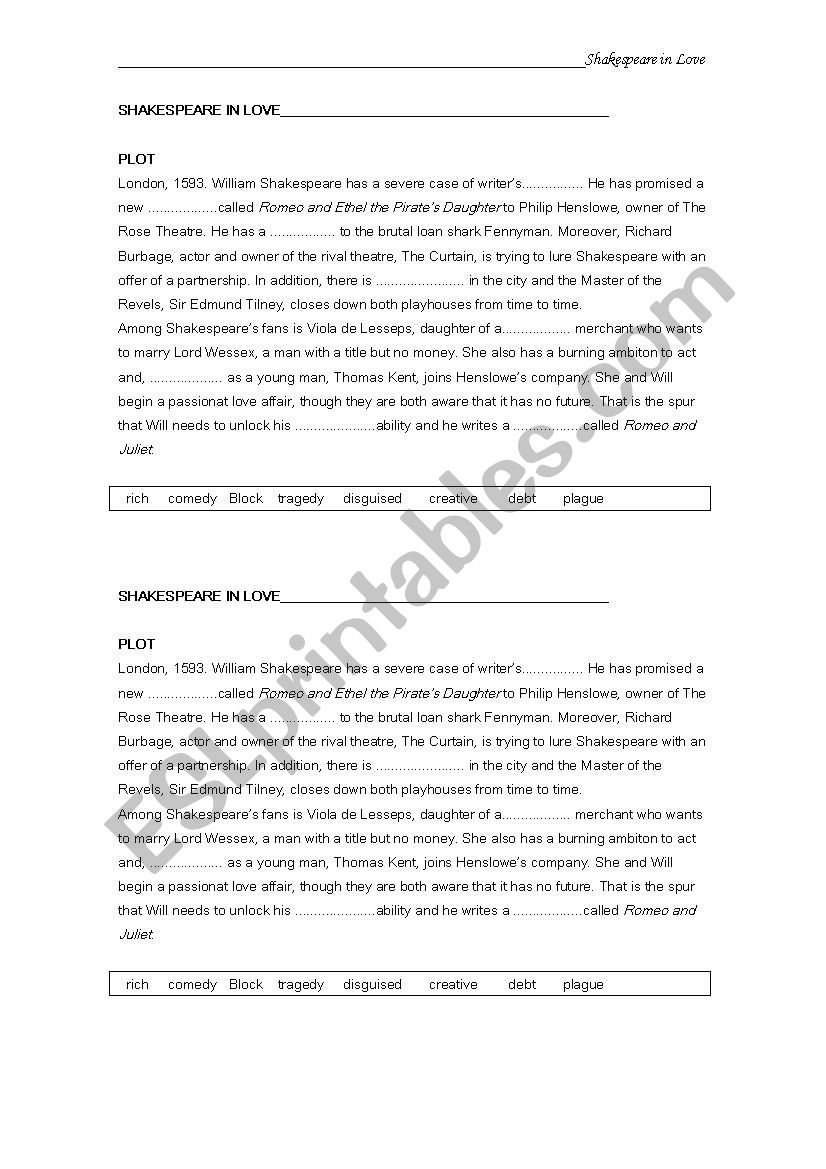 shakespeare in love worksheet