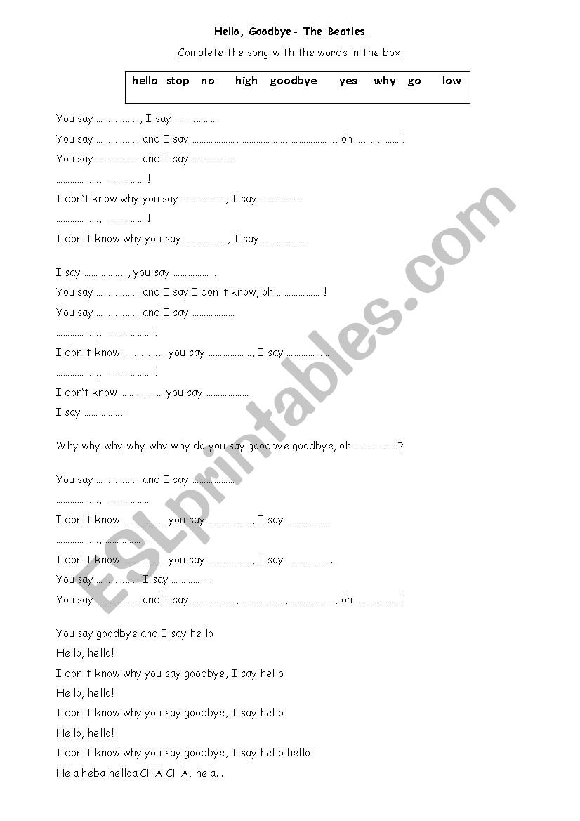 Hello, Goodbye- The Beatles ESL Song Exercise