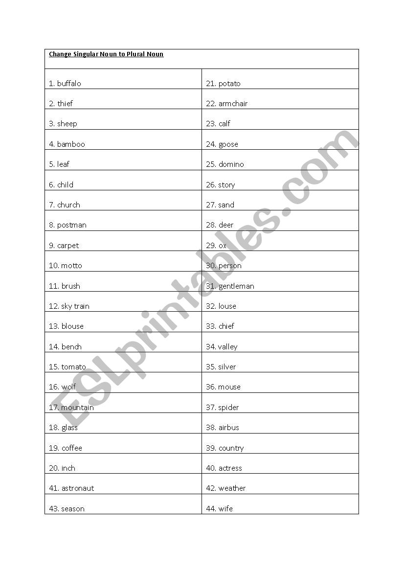 Singular and plural Noun worksheet