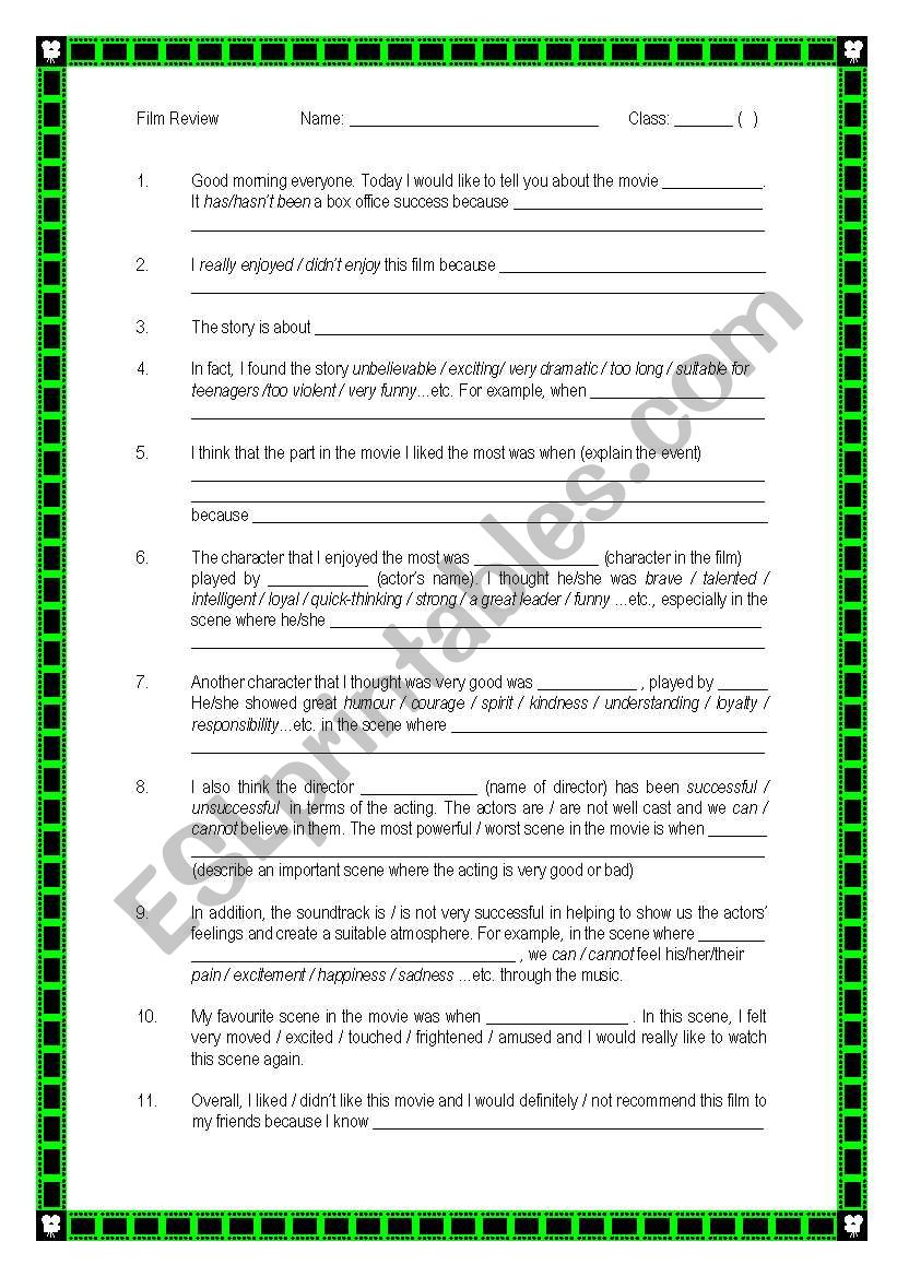 Movie review presentation worksheet