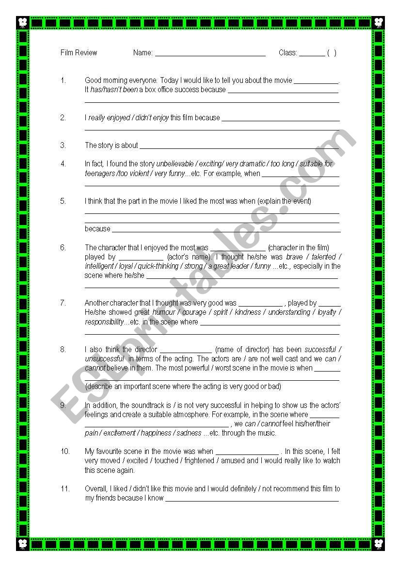 Movie review presentation worksheet