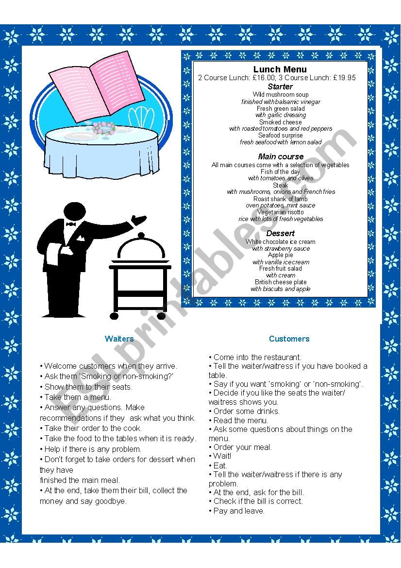 restaurant meals worksheet