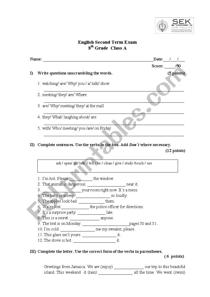 Eight Grade Review worksheet