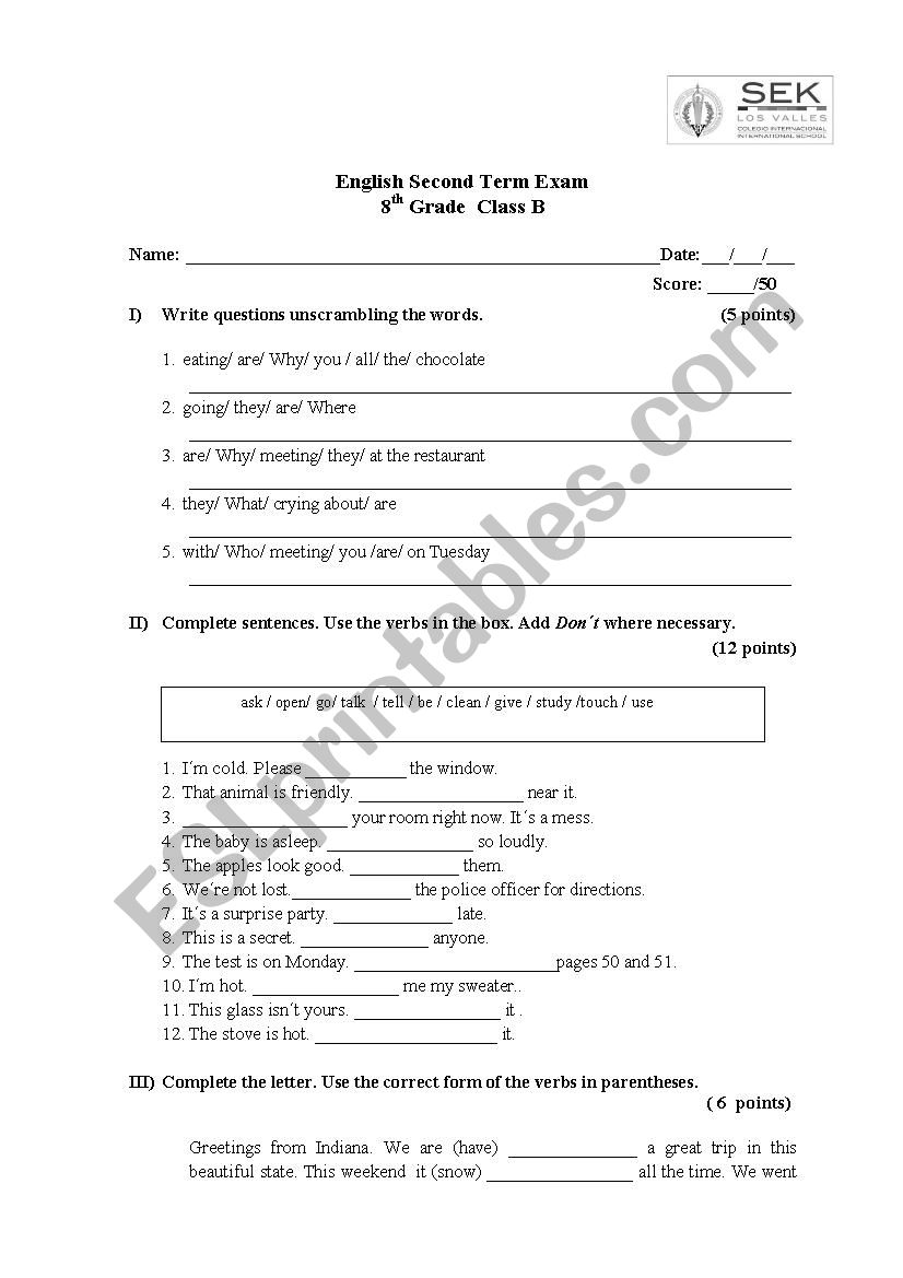 End of the Year Test worksheet
