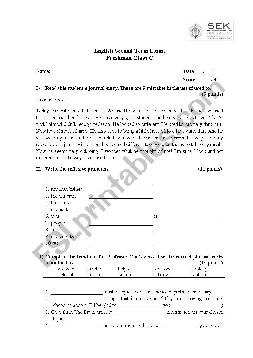 9 grade Test worksheet