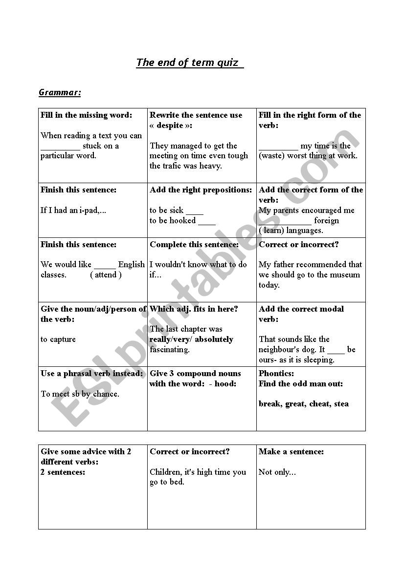 End of term quiz for advanced students