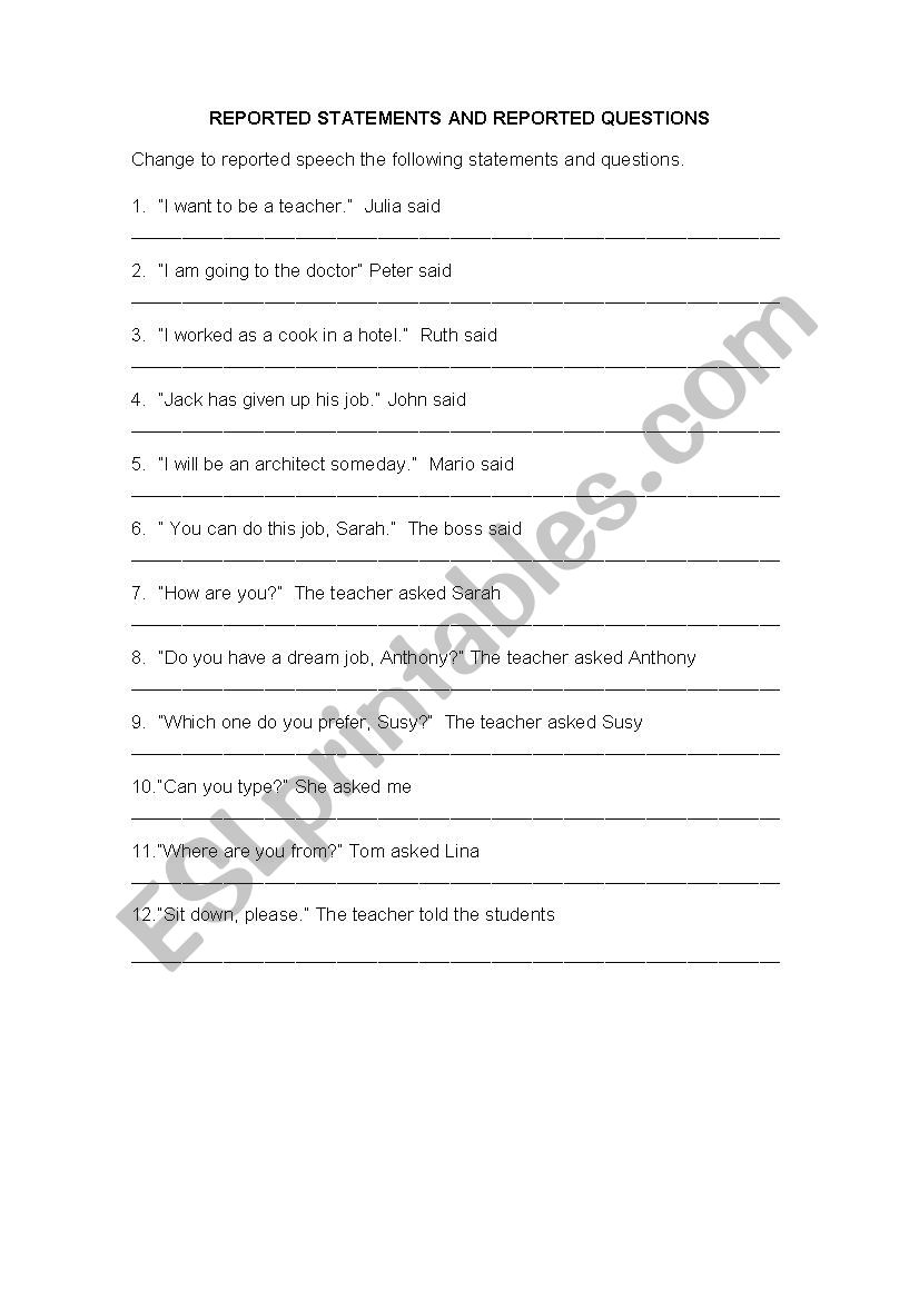 REPORTED SPEECH worksheet