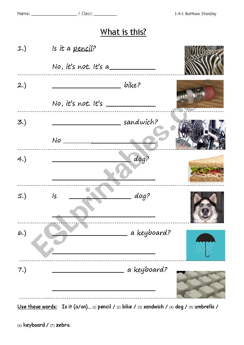 What is this? Is it a__? Yes, it is a__. / No. It is not a__. Simple writing sheet