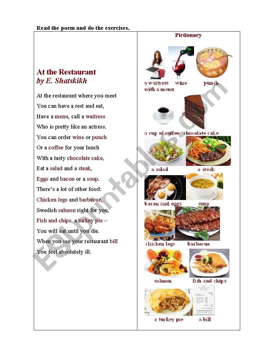 AT THE RESTAURANT (a poem + a pictionary + exercises)