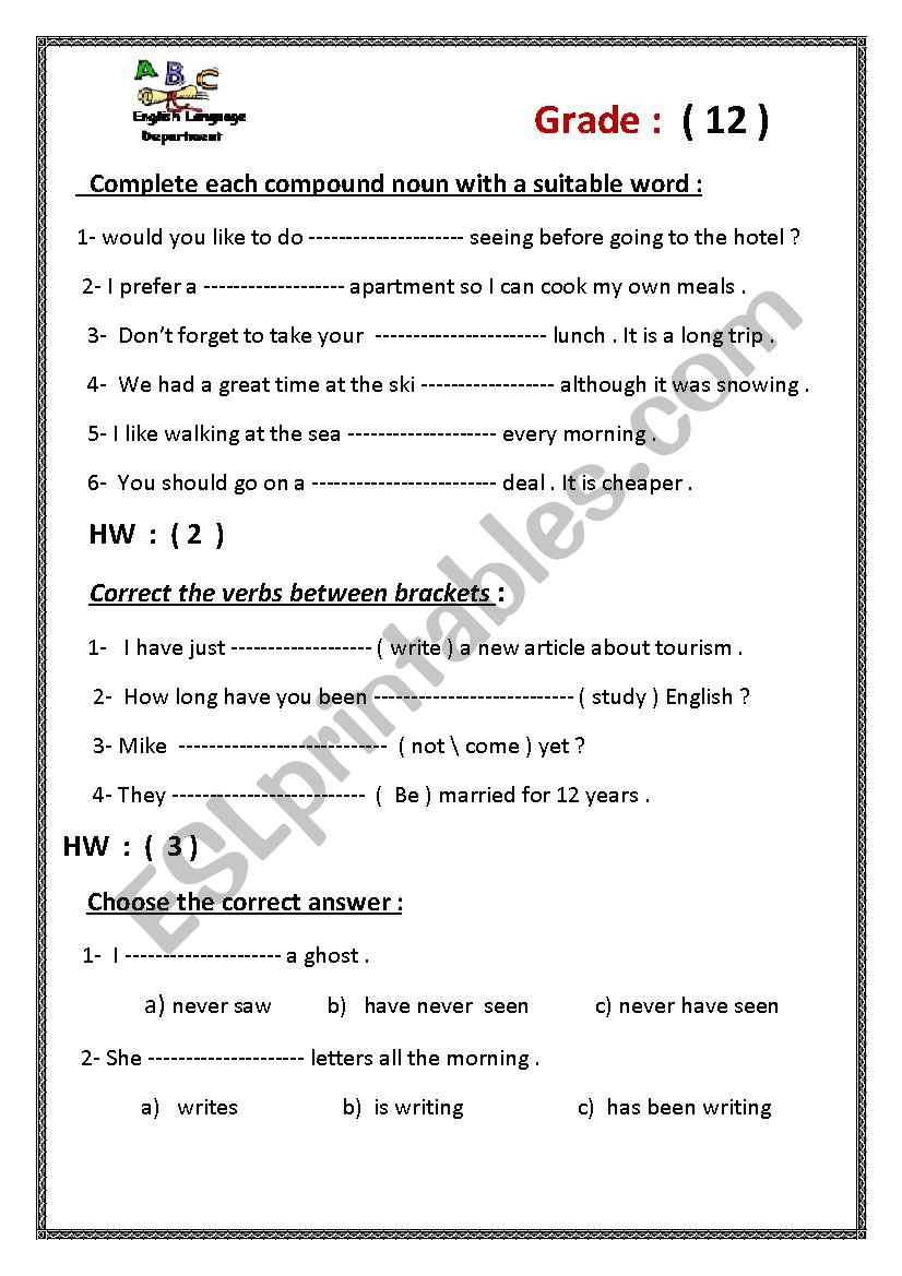 homework - grade 12 - part 1 worksheet