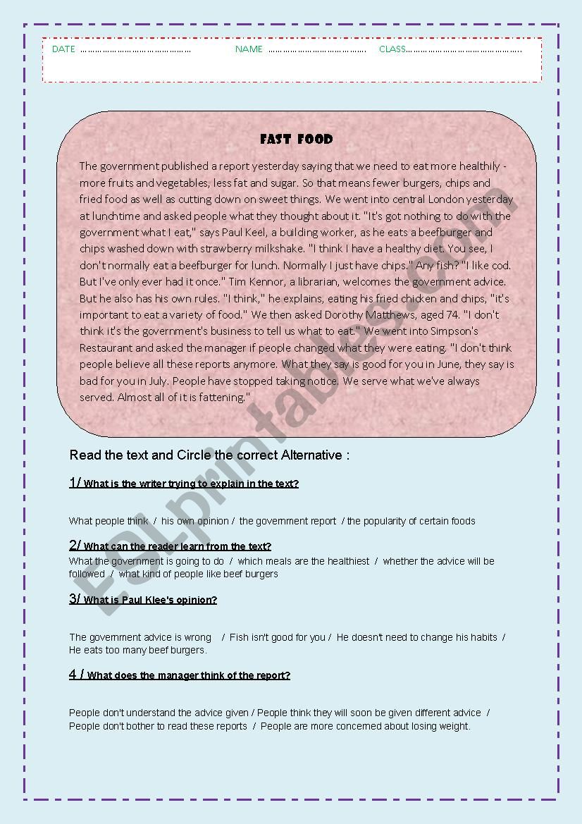  A worksheet on fast food worksheet