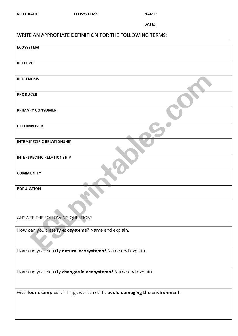 ECOSYSTEMS worksheet