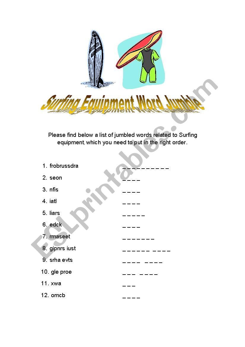 Surfing Equipment Word Jumble worksheet
