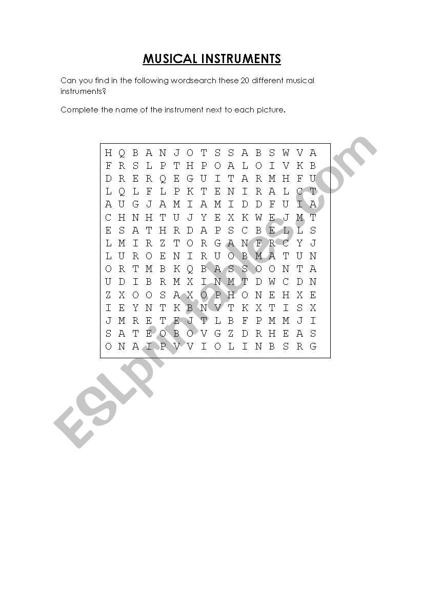 Musical instruments wordsearch