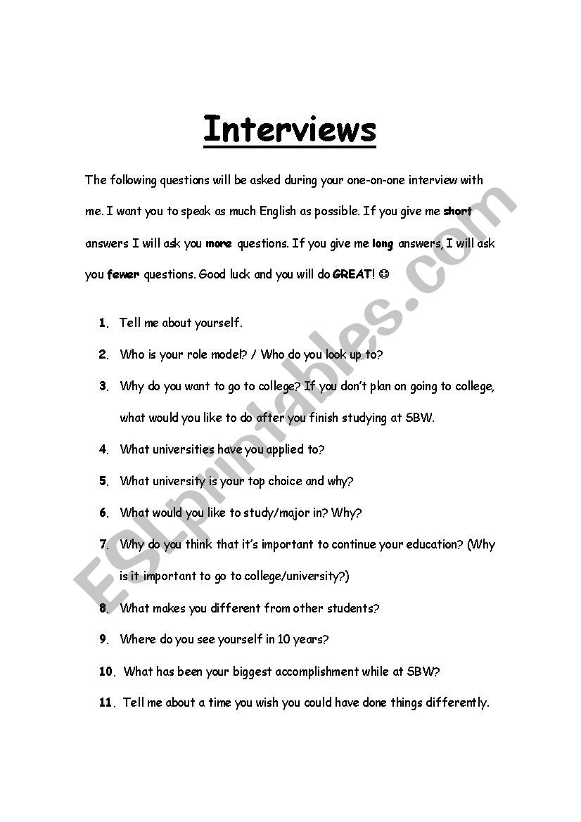 Personal Interview worksheet