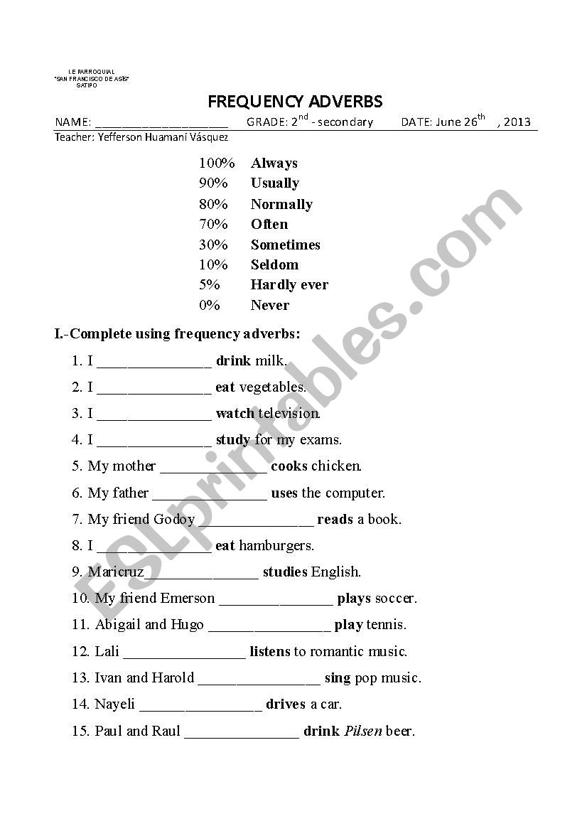 frequency adverbs worksheet