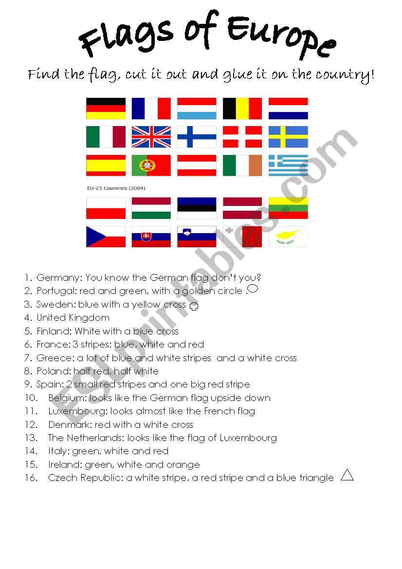 The flags of Europe worksheet