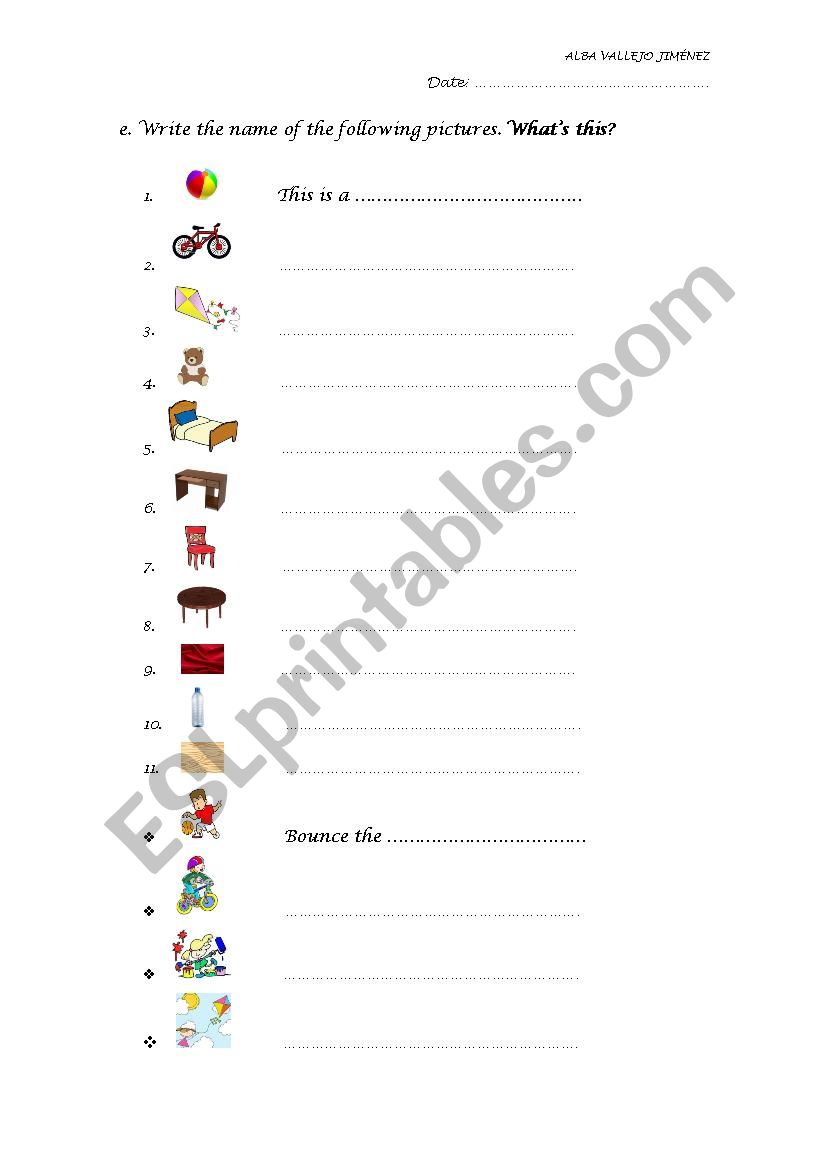 Furniture and actions worksheet