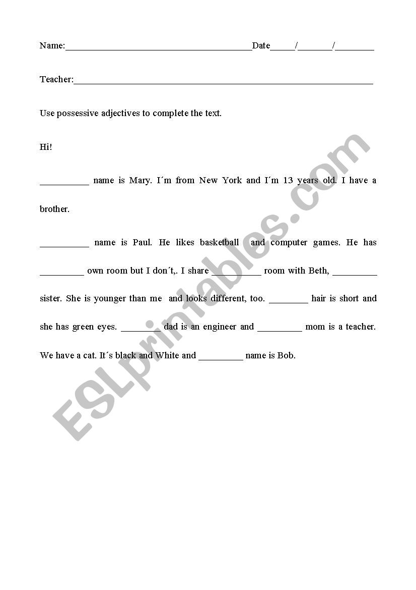 possessive adjectives worksheet