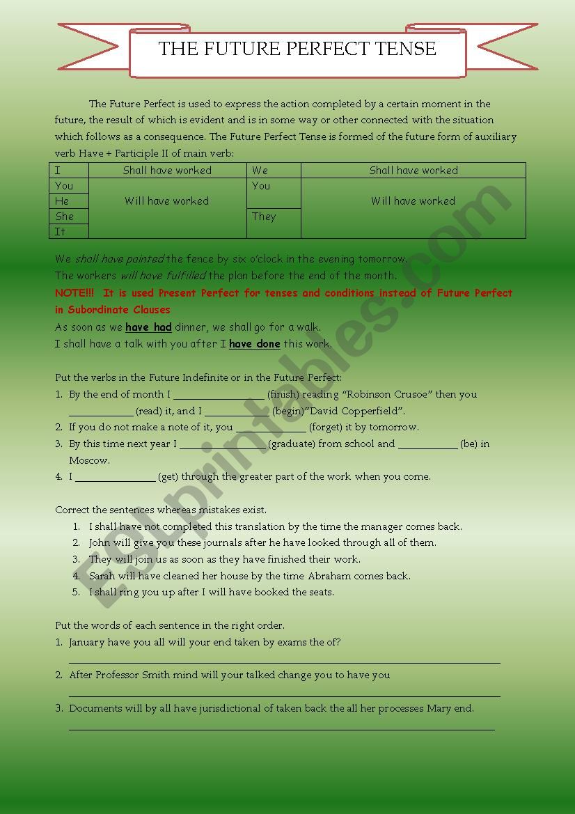 The Future Perfect Tense worksheet