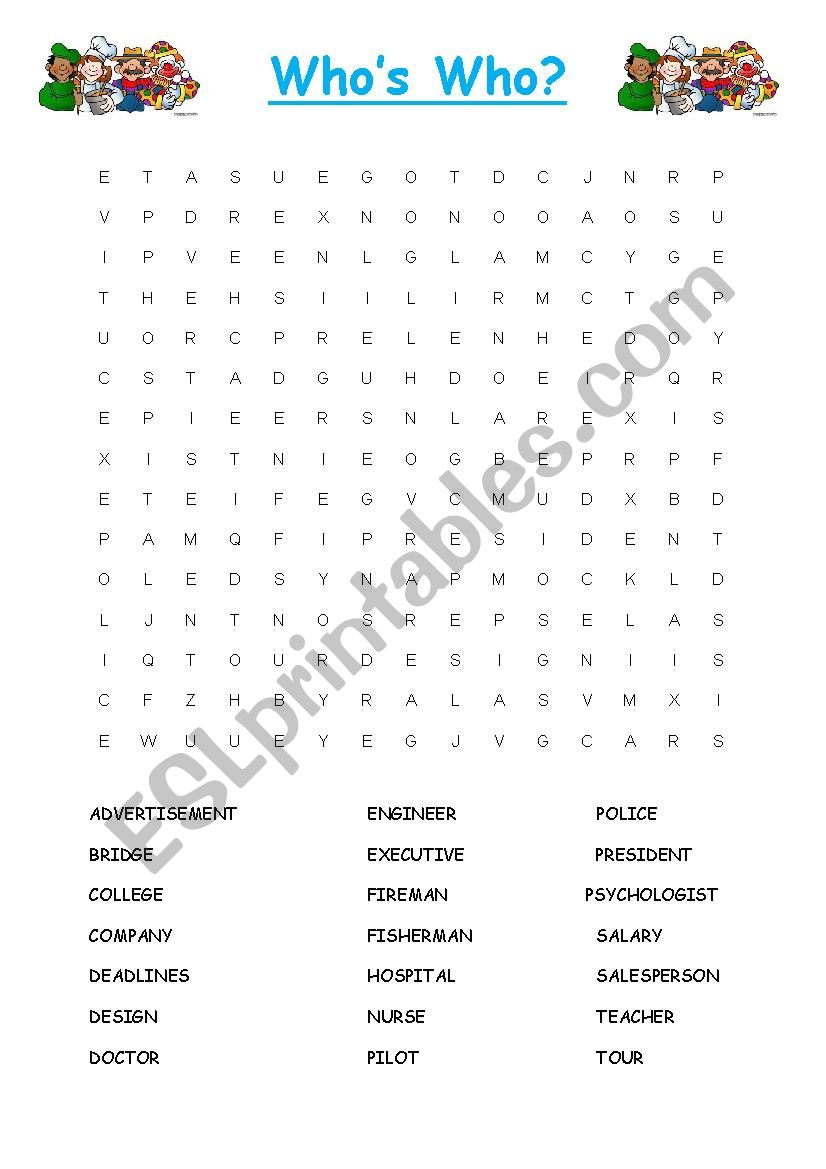 Jobs/Occupations Wordsearch worksheet