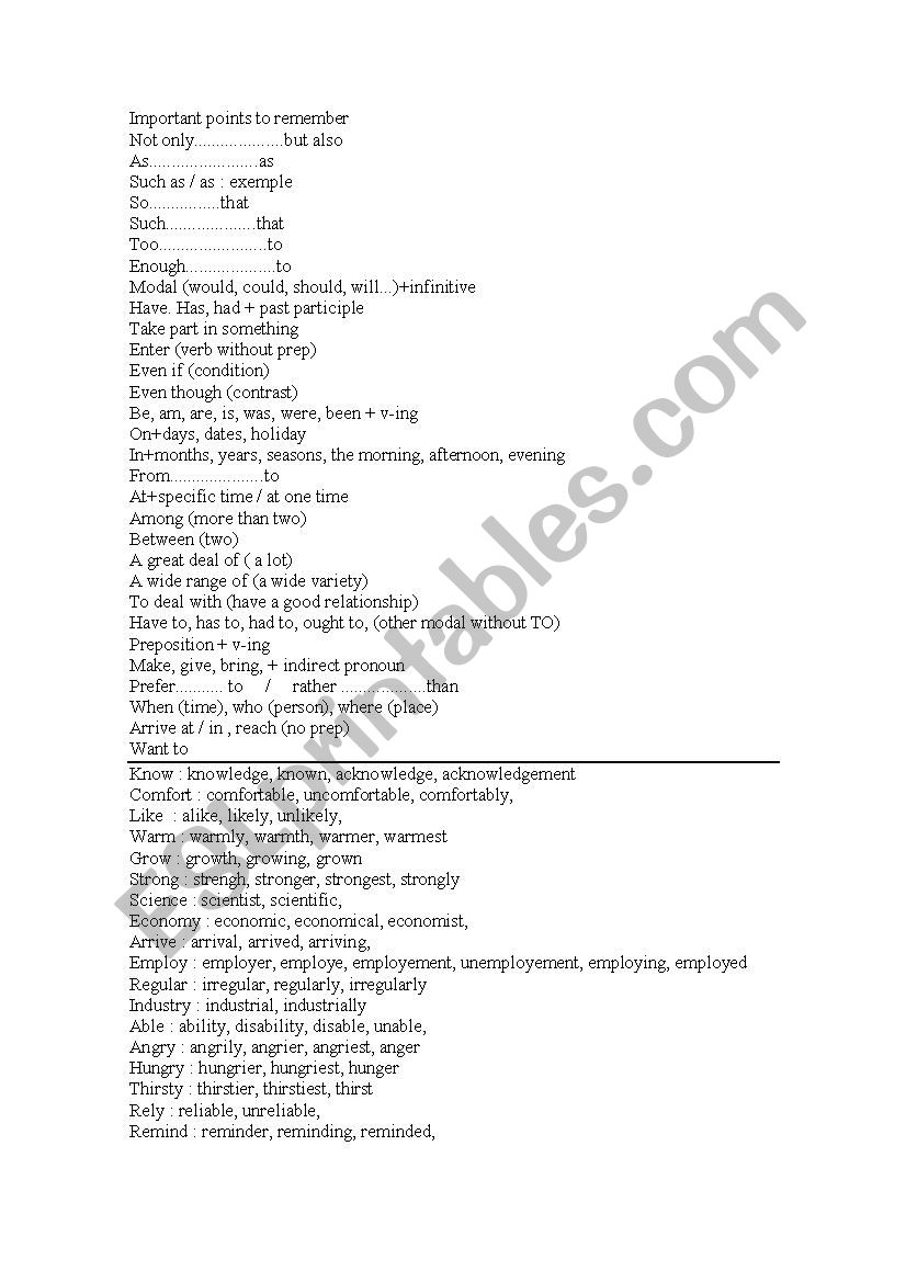 important points to remember worksheet