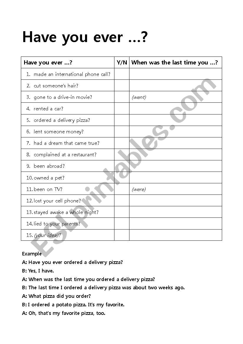 Have you ever ~? worksheet