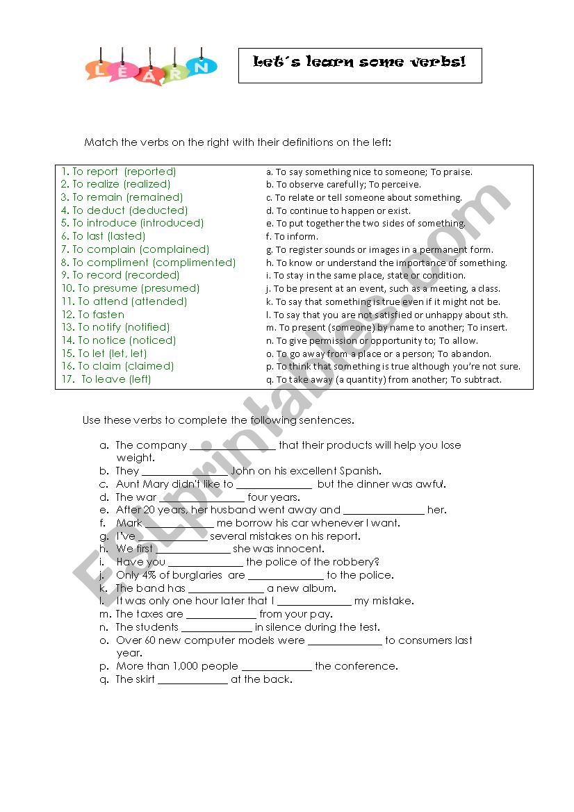 LetÂ´s learn some verbs! worksheet